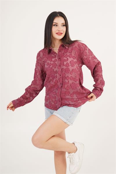 Çiçek Desenli Bordo Gömlek	