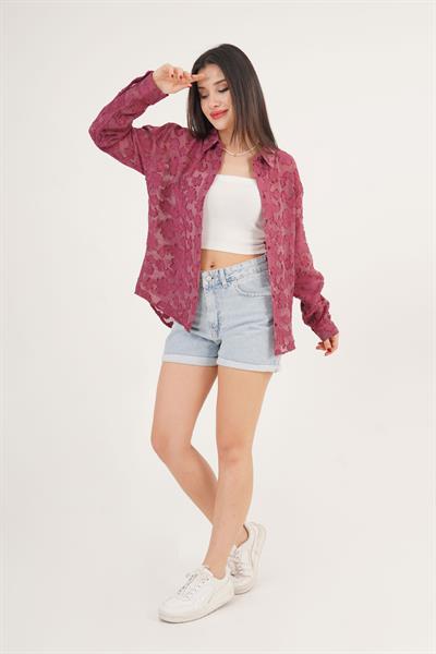 Çiçek Desenli Bordo Gömlek	