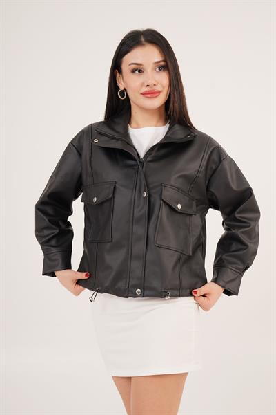 Çift Cepli Lastik Detaylı Siyah Deri Ceket	