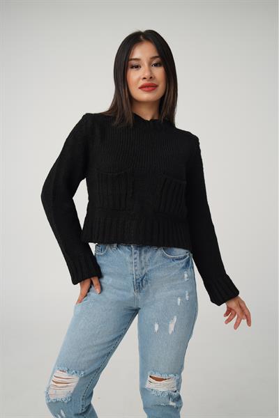 Çift Cepli Kısa Model Siyah Kazak