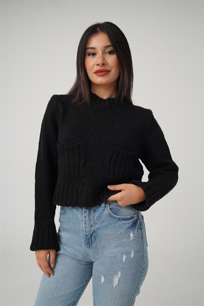 Çift Cepli Kısa Model Siyah Kazak