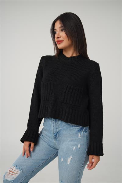 Çift Cepli Kısa Model Siyah Kazak