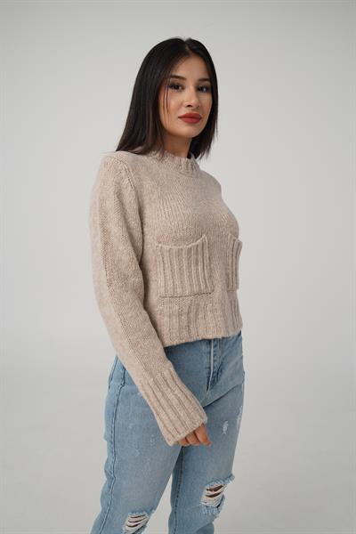 Çift Cepli Kısa Model Sütlü Kahve Kazak