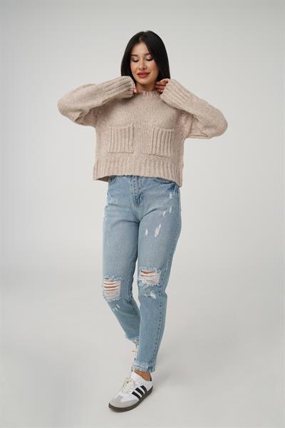 Çift Cepli Kısa Model Sütlü Kahve Kazak