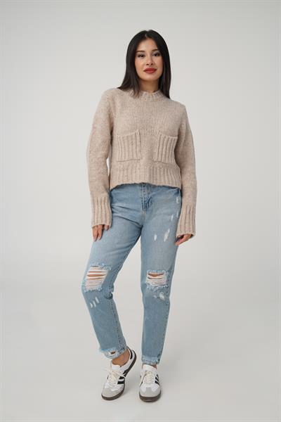 Çift Cepli Kısa Model Sütlü Kahve Kazak