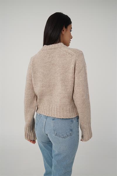 Çift Cepli Kısa Model Sütlü Kahve Kazak