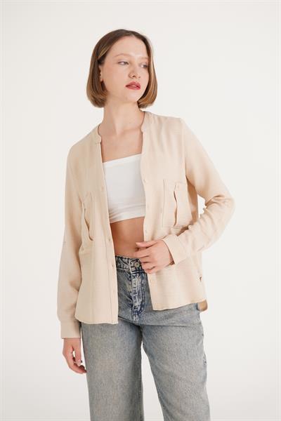 Çift Cepli V Yaka Bej Gömlek