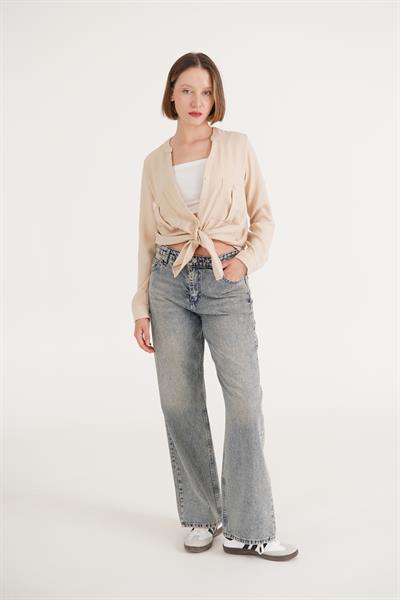 Çift Cepli V Yaka Bej Gömlek