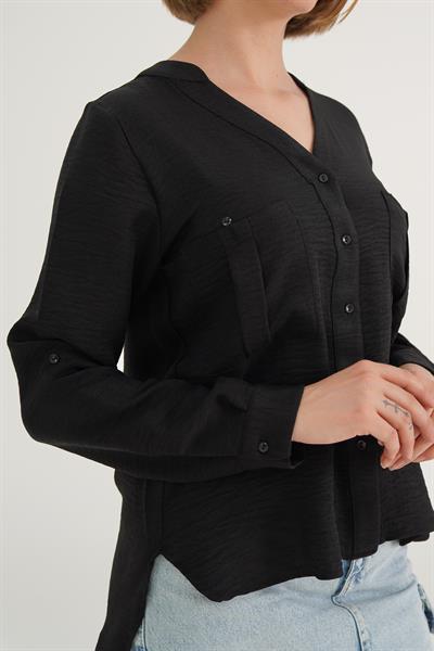 Çift Cepli V Yaka Siyah Gömlek