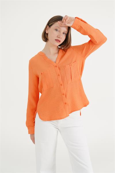 Çift Cepli V Yaka Turuncu Gömlek