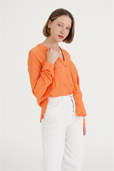 Çift Cepli V Yaka Turuncu Gömlek