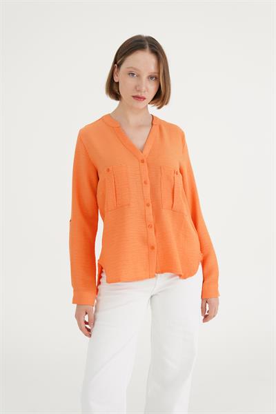 Çift Cepli V Yaka Turuncu Gömlek