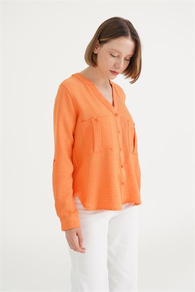 Çift Cepli V Yaka Turuncu Gömlek