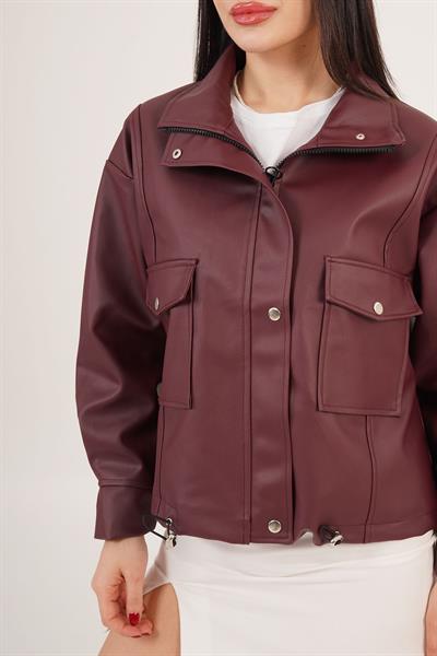 Çift Cepli Yan Lastik Detaylı Bordo Deri Ceket