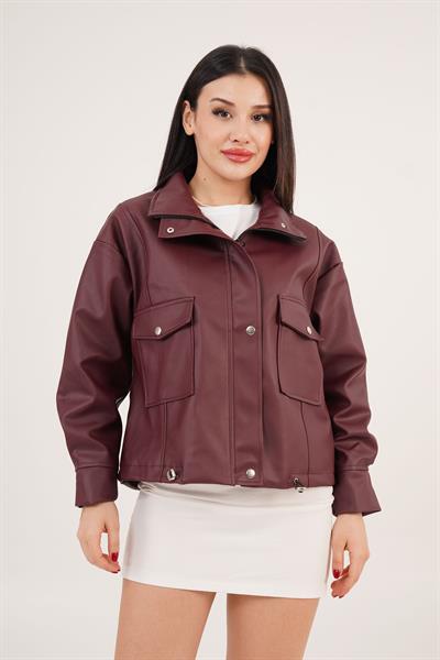 Çift Cepli Yan Lastik Detaylı Bordo Deri Ceket