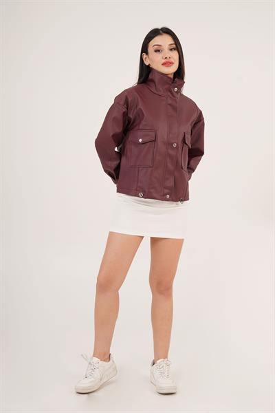 Çift Cepli Yan Lastik Detaylı Bordo Deri Ceket