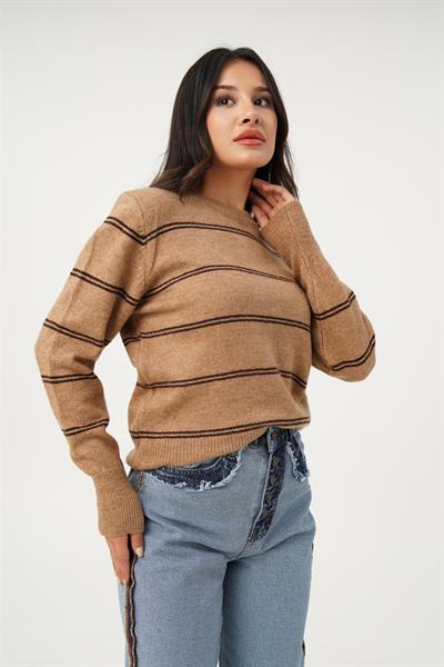 Çift Çizgi Geçişli Bisiklet Yaka Camel Triko Kazak