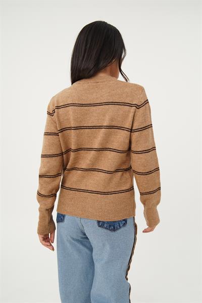 Çift Çizgi Geçişli Bisiklet Yaka Camel Triko Kazak