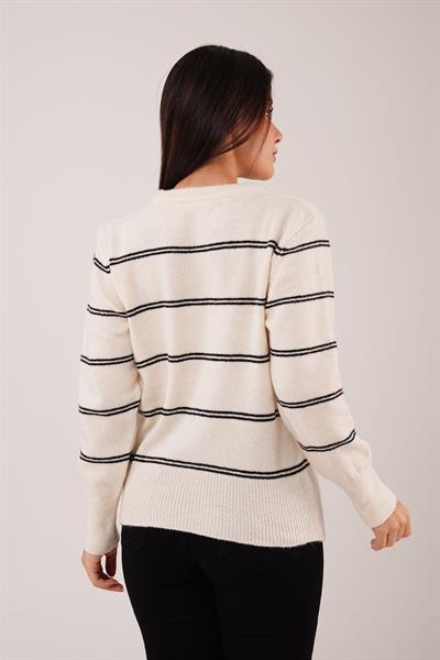 Çift Çizgili Şerit Desen Ekru Triko Kazak