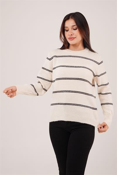 Çift Çizgili Şerit Desen Ekru Triko Kazak