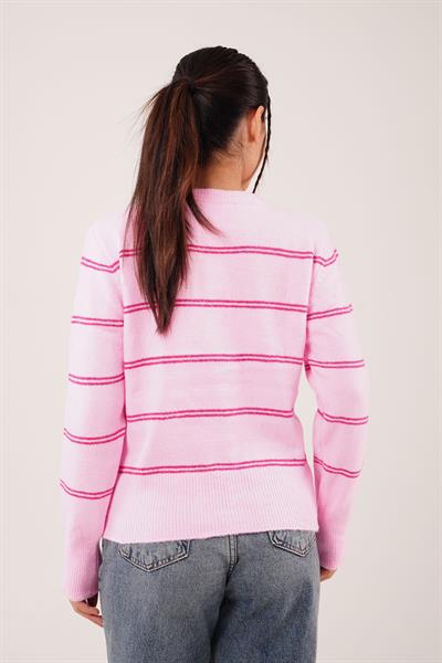 Çift Çizgili Şerit Desen Pembe Triko Kazak