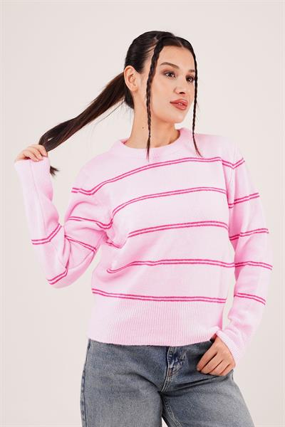 Çift Çizgili Şerit Desen Pembe Triko Kazak