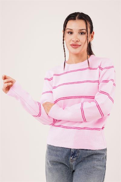 Çift Çizgili Şerit Desen Pembe Triko Kazak