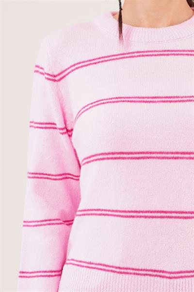 Çift Çizgili Şerit Desen Pembe Triko Kazak