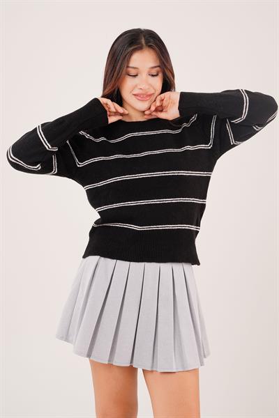 Çift Çizgili Şerit Desen Siyah Triko Kazak