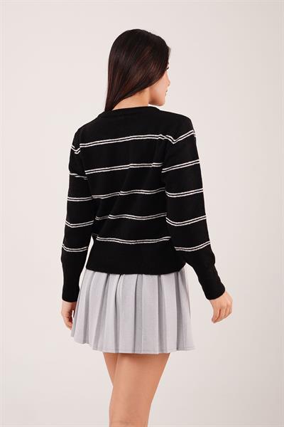 Çift Çizgili Şerit Desen Siyah Triko Kazak