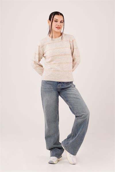 Çift Çizgili Şerit Desen Taş Triko Kazak