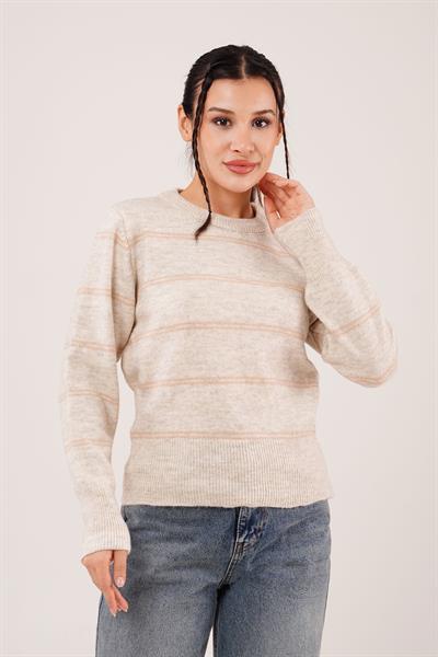 Çift Çizgili Şerit Desen Taş Triko Kazak