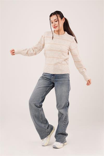 Çift Çizgili Şerit Desen Taş Triko Kazak