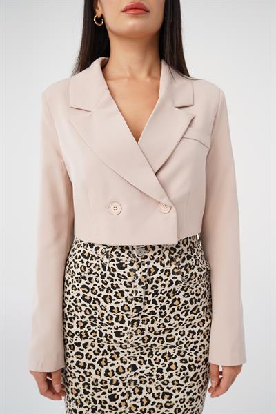 Çift Düğmeli Bej Blazer Crop Ceket