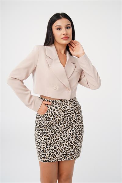 Çift Düğmeli Bej Blazer Crop Ceket