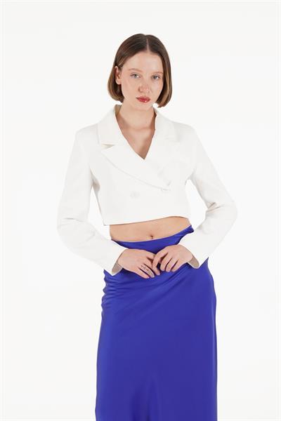 Çift Düğmeli Beyaz Blazer Crop Ceket