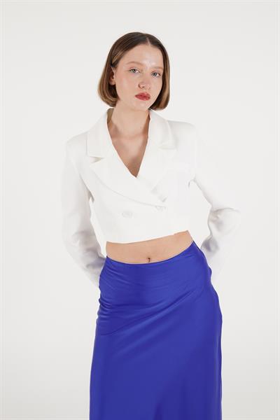 Çift Düğmeli Beyaz Blazer Crop Ceket