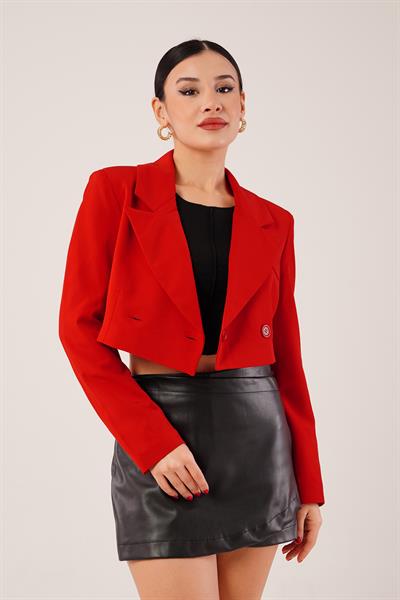 Çift Düğmeli Kırmızı Blazer Crop Ceket