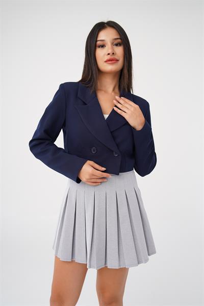 Çift Düğmeli Lacivert Blazer Crop Ceket