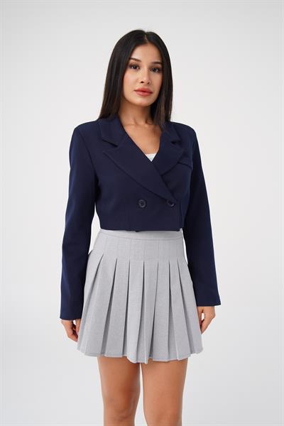 Çift Düğmeli Lacivert Blazer Crop Ceket
