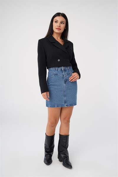 Çift Düğmeli Siyah Blazer Crop Ceket