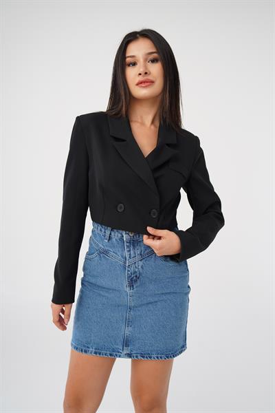 Çift Düğmeli Siyah Blazer Crop Ceket