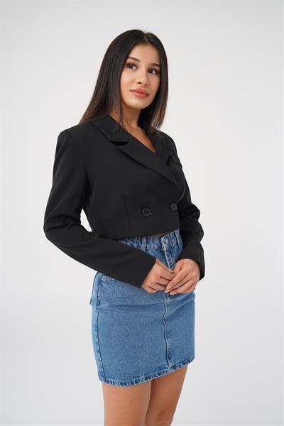 Çift Düğmeli Siyah Blazer Crop Ceket