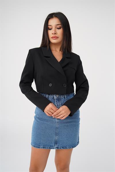 Çift Düğmeli Siyah Blazer Crop Ceket