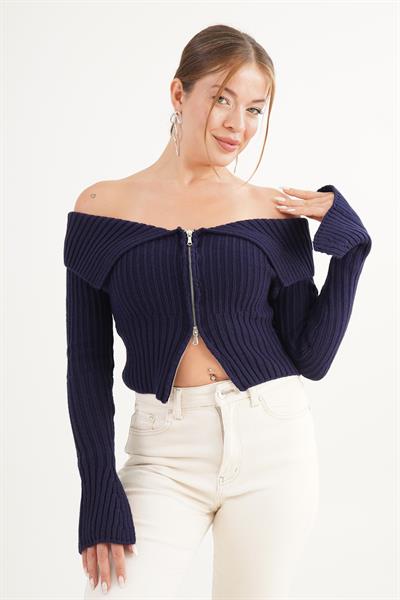 Çift Fermuarlı Modonna Yaka Fitilli Lacivert Triko Hırka