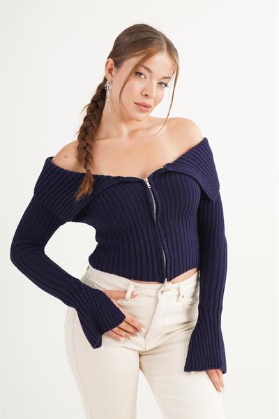Çift Fermuarlı Modonna Yaka Fitilli Lacivert Triko Hırka