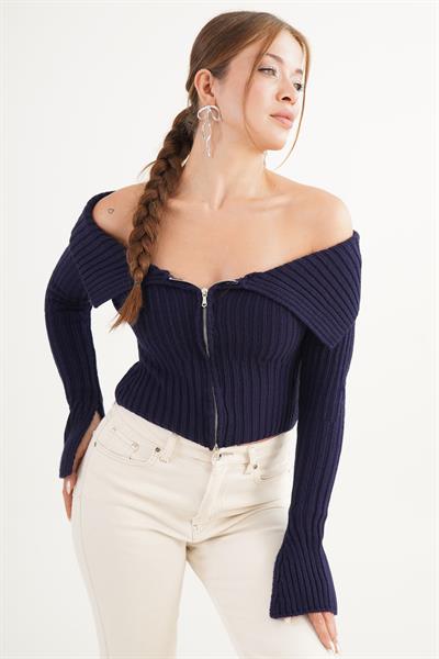 Çift Fermuarlı Modonna Yaka Fitilli Lacivert Triko Hırka