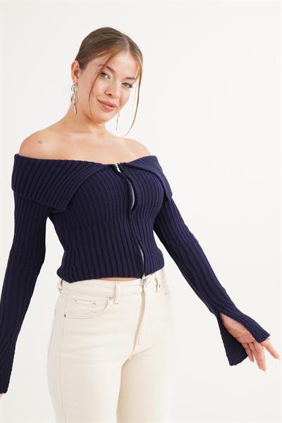 Çift Fermuarlı Modonna Yaka Fitilli Lacivert Triko Hırka