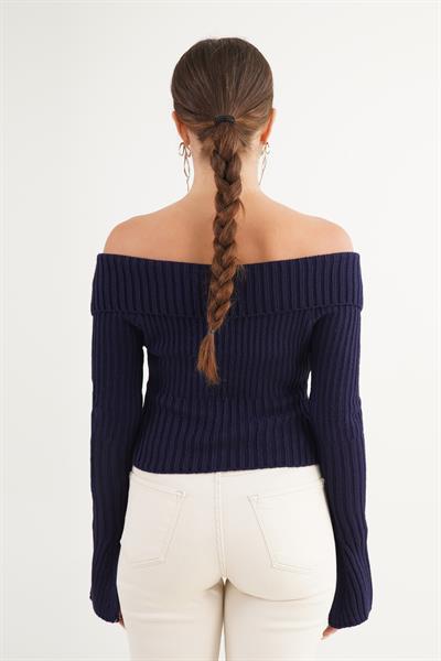Çift Fermuarlı Modonna Yaka Fitilli Lacivert Triko Hırka
