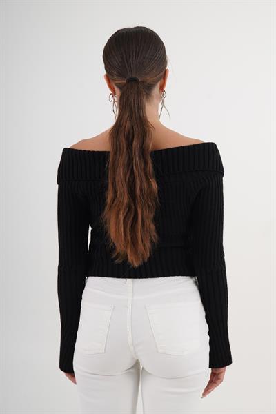 Çift Fermuarlı Modonna Yaka Fitilli Siyah Triko Hırka